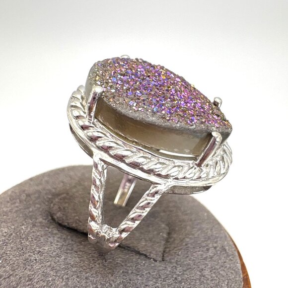 VTG Sterling Silver 925 Purple Gray Drusy Oval Rope Design Statement Ring Size 7 - Picture 2 of 12